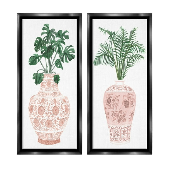 Stupell Industries Plants & Oriental Vases Botanical & Floral Painting Black Floater Framed Canvas Art Print Wall Art, 11 x 25, Set of 2