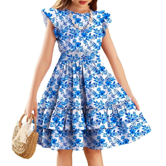 Arshiner Girls Dresses Flutter Sleeve A-Line Sundress Casual Summer Tiered Swing Midi Pocket Dress
