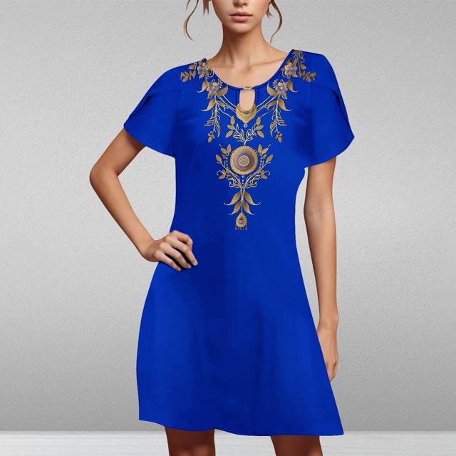 Puntoco Vestido De Cuello Redondo De Manga Corta Suelto Casual Estampado Estilo Étnico De Verano Para Mujer Azul S,Regalos Para Mujer Joven