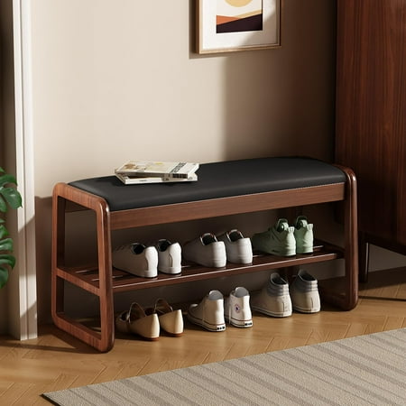 Wooden Shoe Storage Bench with Padded Top Cushion, Two-Tier Wooden Shoe Rack, Suitable for Bedrooms and Living Rooms, Black Walnut(39.4'')