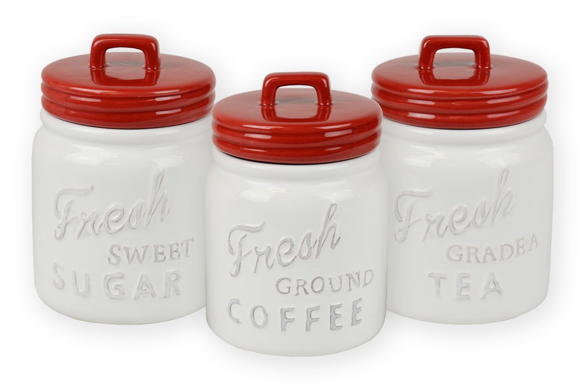 New Vintage Farmhouse Chic Retro COFFEE TEA SUGAR White Red Enamelware Canisters 