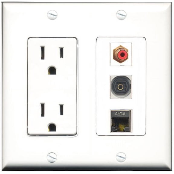 RiteAV - 15 Amp Power Outlet 1 Port RCA Red 1 Port Shielded Cat6 Ethernet Ethernet 1 Port Toslink Decorative Wall Plate