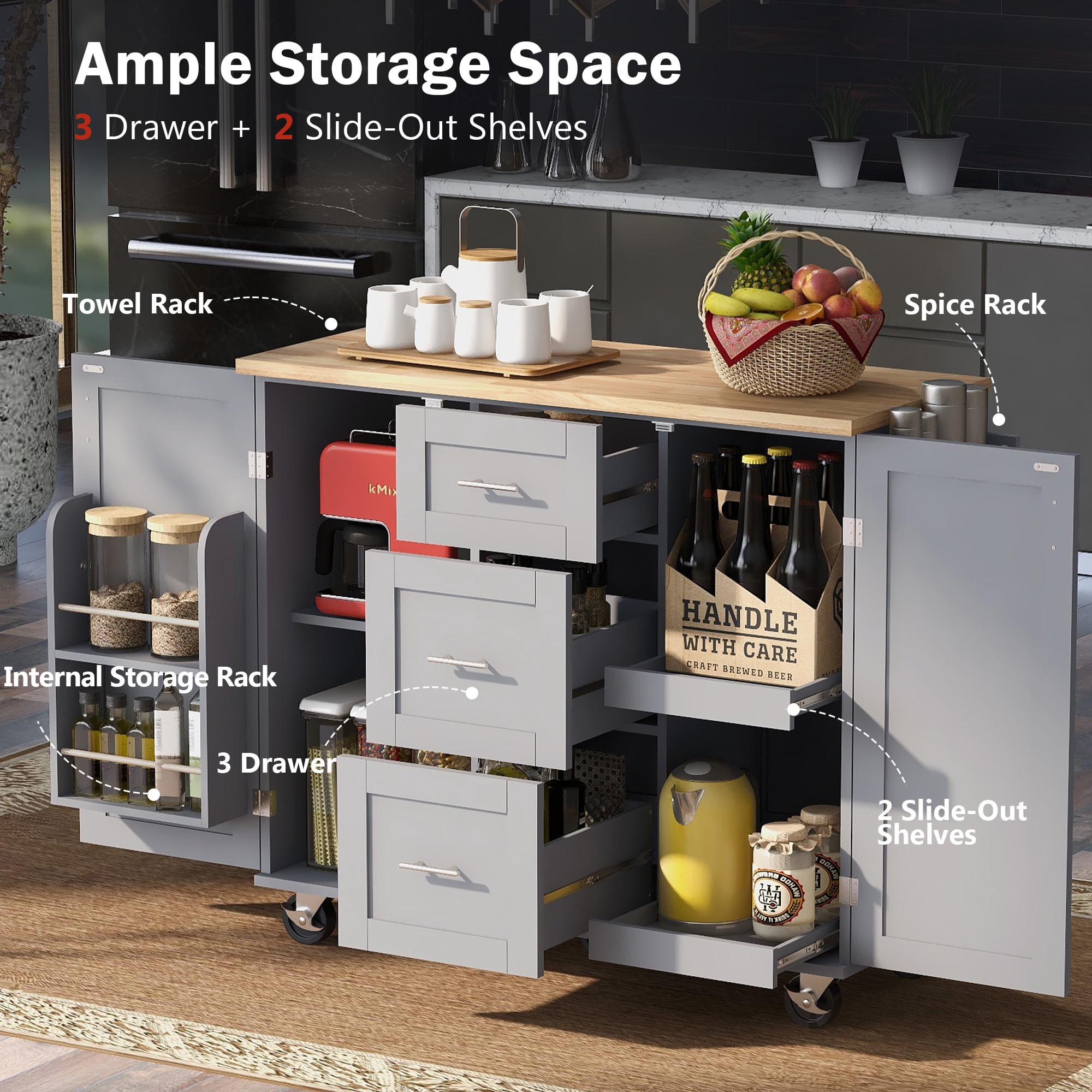 Yoneston Kitchen Island with 3 Drawers & 2 Slide-Out Shelves, Rolling Kitchen Storage Cart with Spice Rack and Towel Rack for Home, Kitchen, Dining Room, Gray