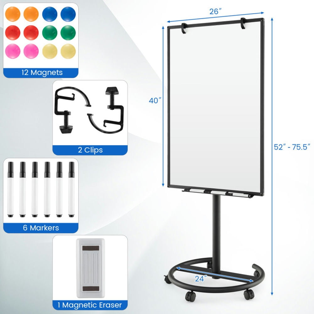 Yardi Yard Height-Adjustable Mobile Whiteboard with Round Stand Paper Clips-Black, Mobile Whiteboard for Office, Home & Classroom