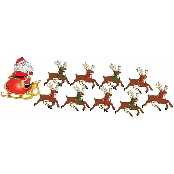 Autocollants Muraux Père Noël de Noël dans Son Traîneau avec 8 Autocollants Renne sur une Feuille de 10 par 29 Pouces avec Autocollants Muraux Rudolph