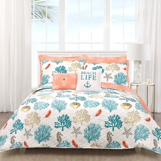 Lush Decor Boho Botanical Leaf Reversible 3-Piece Quilt Set, Full/Queen, Turquoise & Tangerine