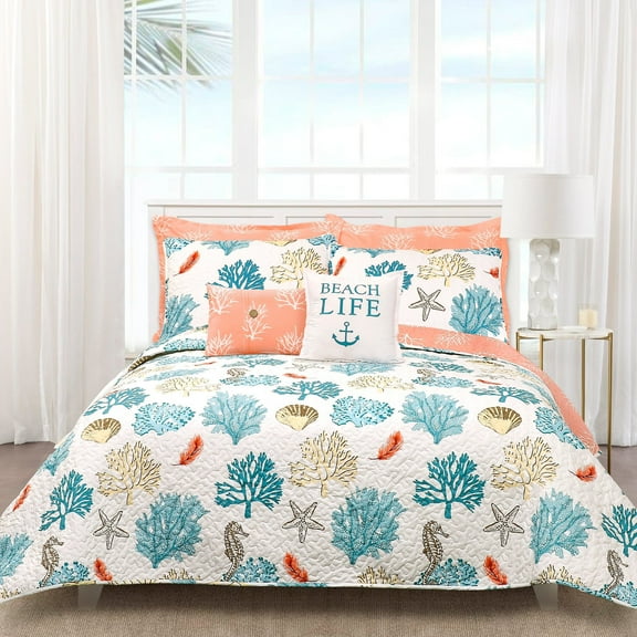 Lush Decor Coastal Reef Feather Quilt Blue/Coral 7Pc Set Full/Queen