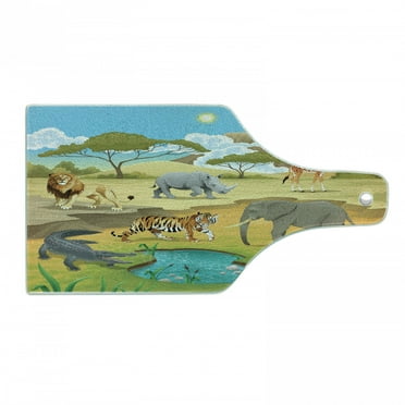 Wildlife Cutting Board, Landscape Scenery of Various Wild Animals in Nature, Decorative Tempered Glass Cutting and Serving Board, in 3 Sizes, by Ambesonne