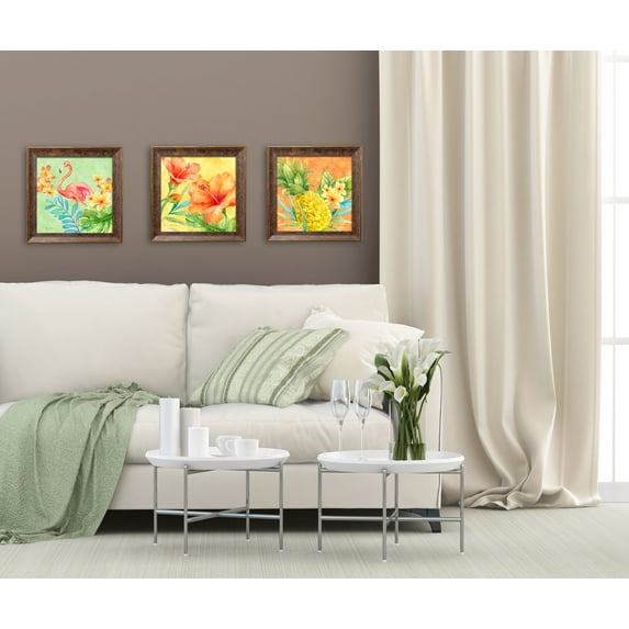 Gango Home Decor Beautiful Watercolor-Style Tropical Hisbiscus, Pineapple & Flamingo Set; Three 12x12in Art Prints in Gold Trim Brown Frames