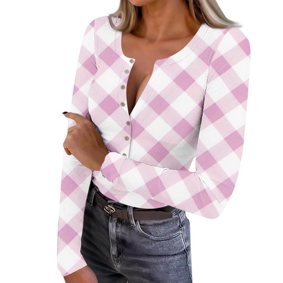 FDGIU Women’s Long Sleeve Henley Neck Shirt - Slim Fitted Ribbed Top for Going Out & Work Casual