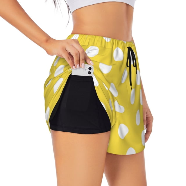 Balery Yellow And White Polka Dot Pantalones cortos deportivos para mujer con forro y dos bolsillos, elásticos, para entrenamiento, gimnasio, yoga-Large