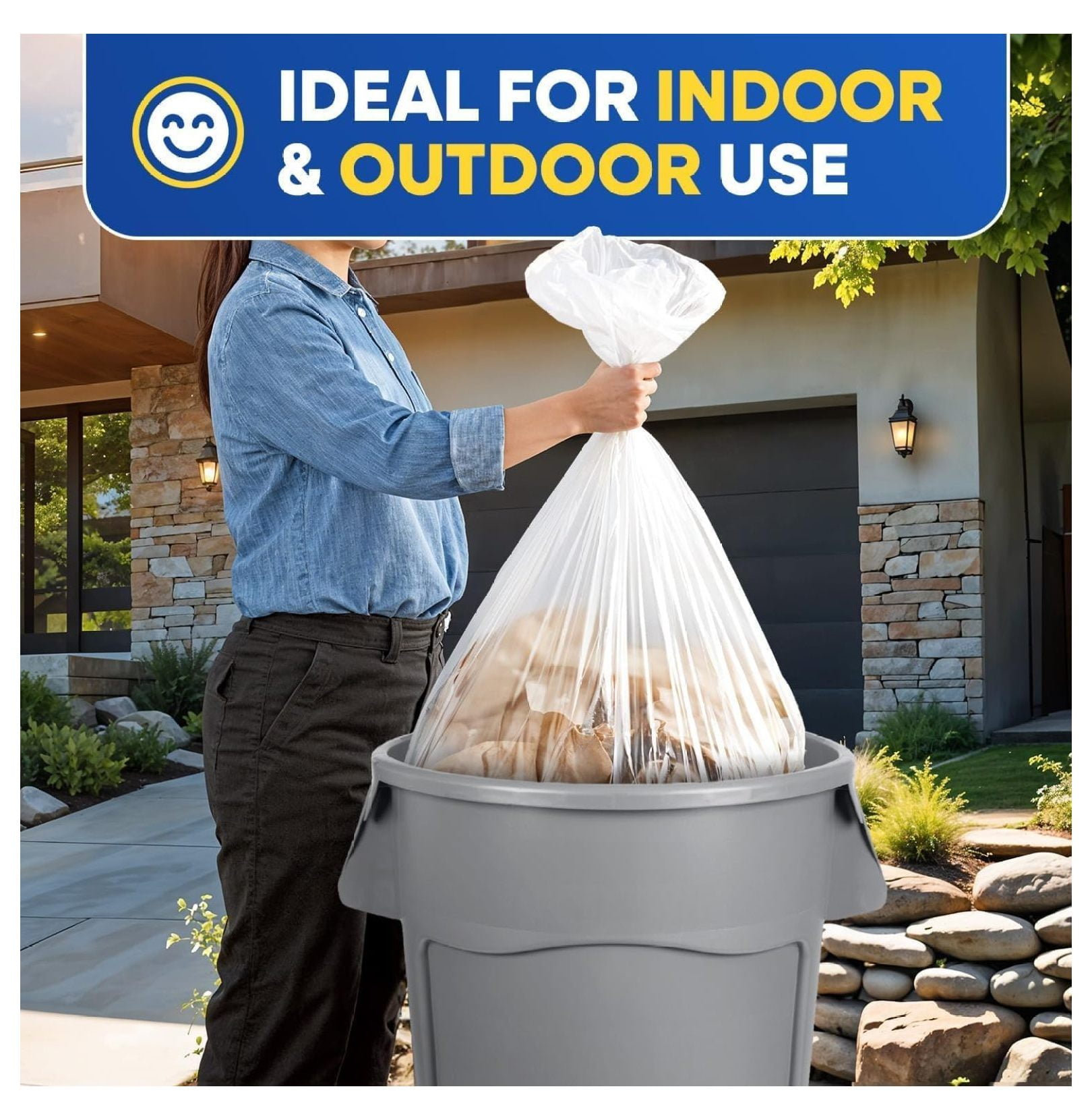 55-60 Gallon Clear Trash Bags, W x 38 in, L x 60 in, 12 Micron High-Density Can Liners, Leak-Resistant Garbage Bags, Fits Round & Square Cans, Pack of 200