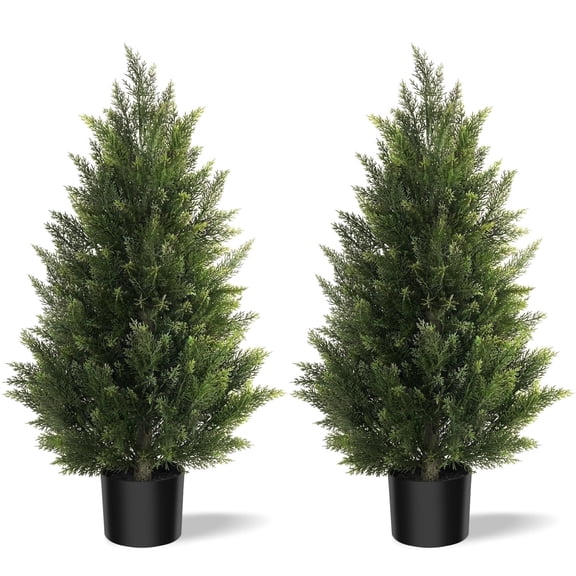OLIVIVI Artificial Cedar Tree 3FT Tall Faux Silk Plant for Home Office Decor Indoor Outdoor Fake Lifelike Potted Tree with Wood Branches 2 pack