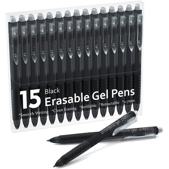 Erasable Gel Pens, 15 Pack Black Retractable Erasable Pens Clicker, Fine Point, Make Mistakes Disappear, Black Inks for Writing Planner and Crossword Puzzles