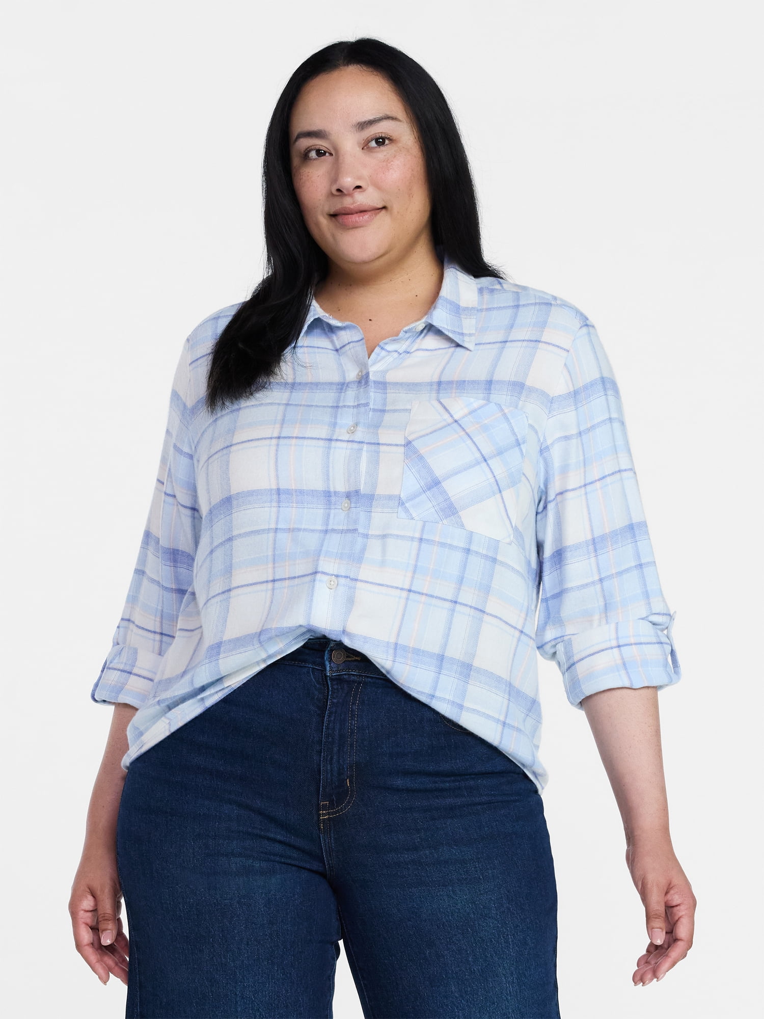 Time and Tru Women's Cropped Flannel Shirt, Sizes XS-XXXL