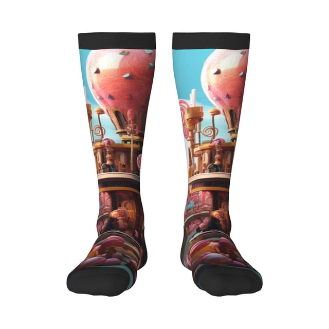 Fotbe fairy-tale-world-with-delicious-candy Calcetas Divertidas Estampadas para Hombre y Mujer, Calcetas de Algodón hasta la Rodilla para Caminar, Correr, Enfermería y Embarazo