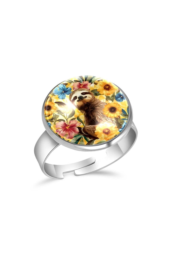 Sloths Flower Pattern Stainless Steel Rings for Women, Open Adjustable Ring Promise Ring Jewelry Gifts
