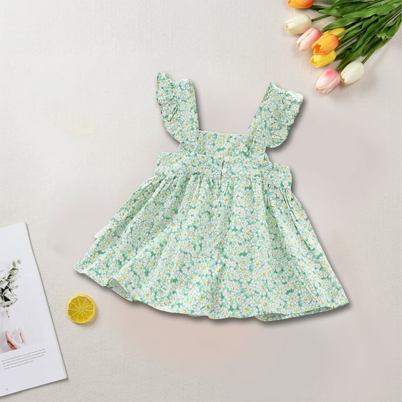 Cethrio Kids Girl Sundress Dresses, Floral Print Cotton Cute Sleeveless Summer Dress Green Size 4T
