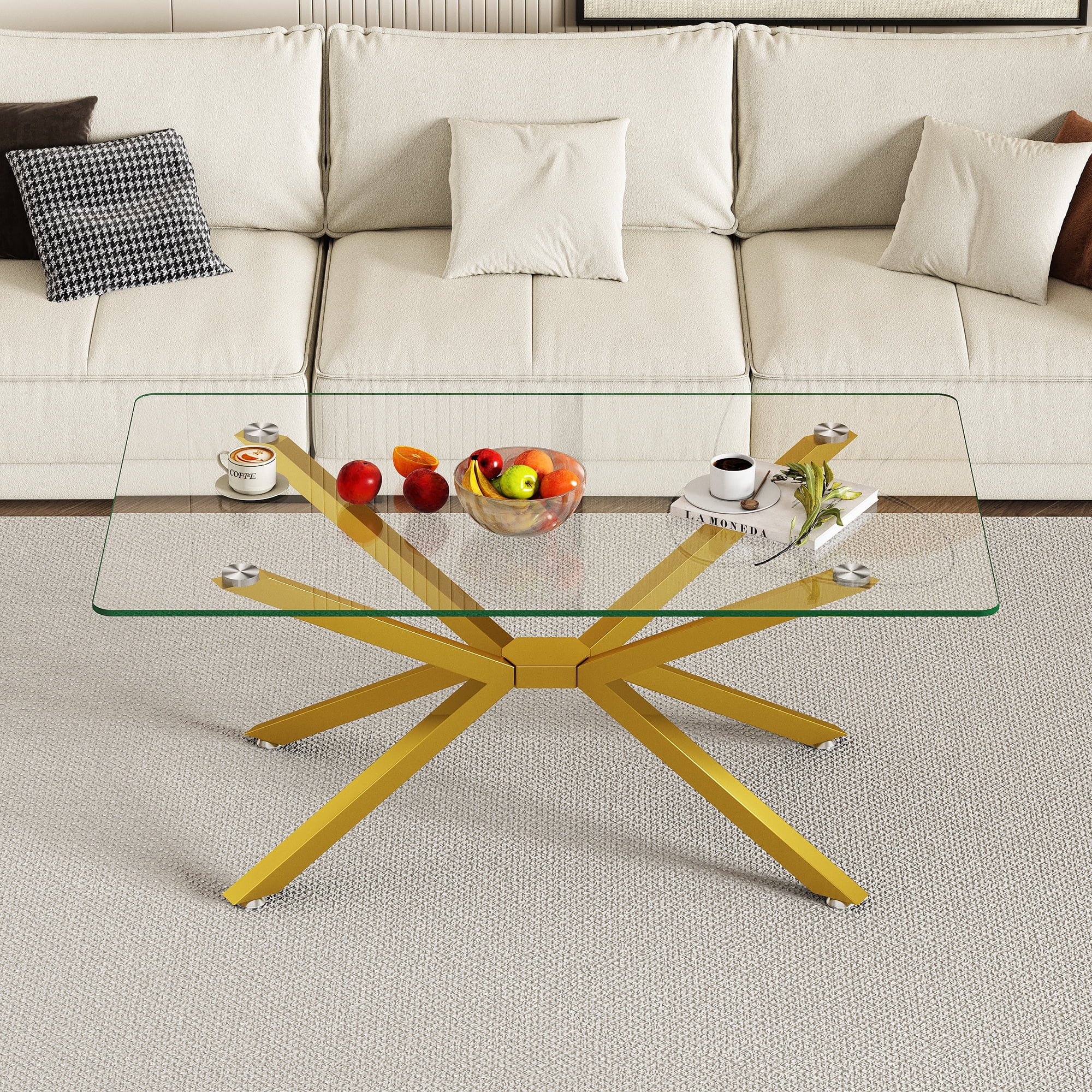Euroco 39.37" Rectangular Clear Tempered Glass Coffee Table,Stylish Design with Gold Metal Legs, Coffee Table for Living Room