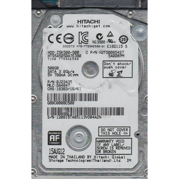 HTS545050A7E380, PN 0J23435, MLC DA4847, Hitachi 500GB SATA 2.5 Hard Drive