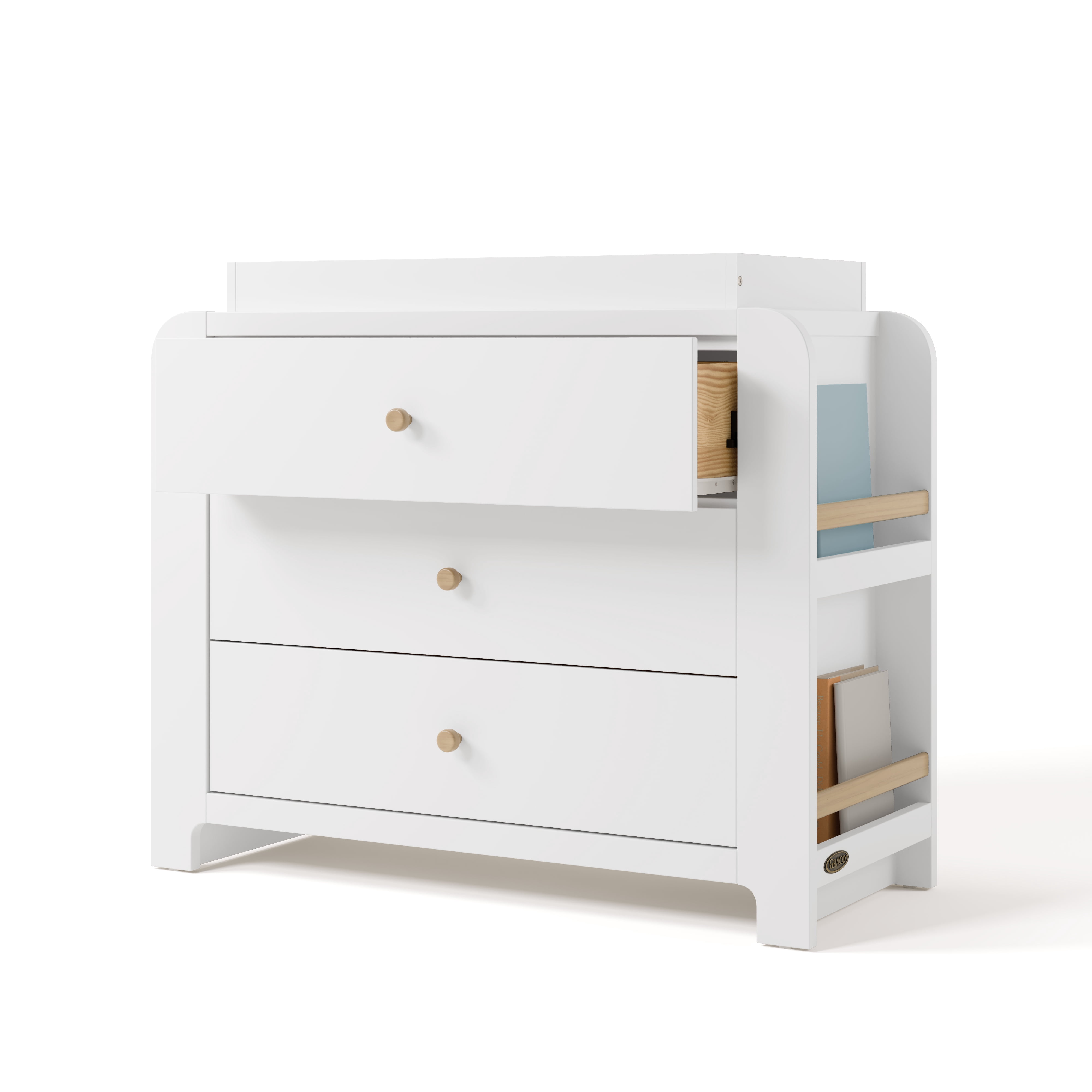 Graco Read-with-Me 3 Drawer Chest with Bookshelves and Removable Changing Topper, White with Driftwood
