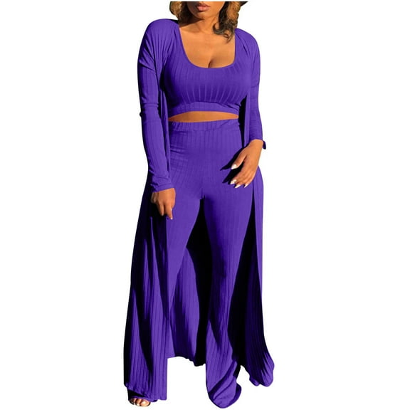 UYISJ Women 3 Piece Outfits Ribbed Long Cardigan Crop Tank Tops Shorts Sets Sweatsuit Lounge Set Casual Solid Color Sets Purple L