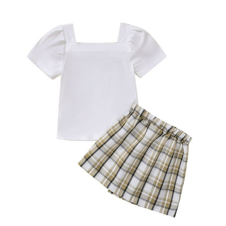 

Cute Fall Outfits for Teen Girls Kids Toddler Baby Girls Short Sleeve Solid Tops Patchwork Plaid Skirt 2PCS Outfits Set