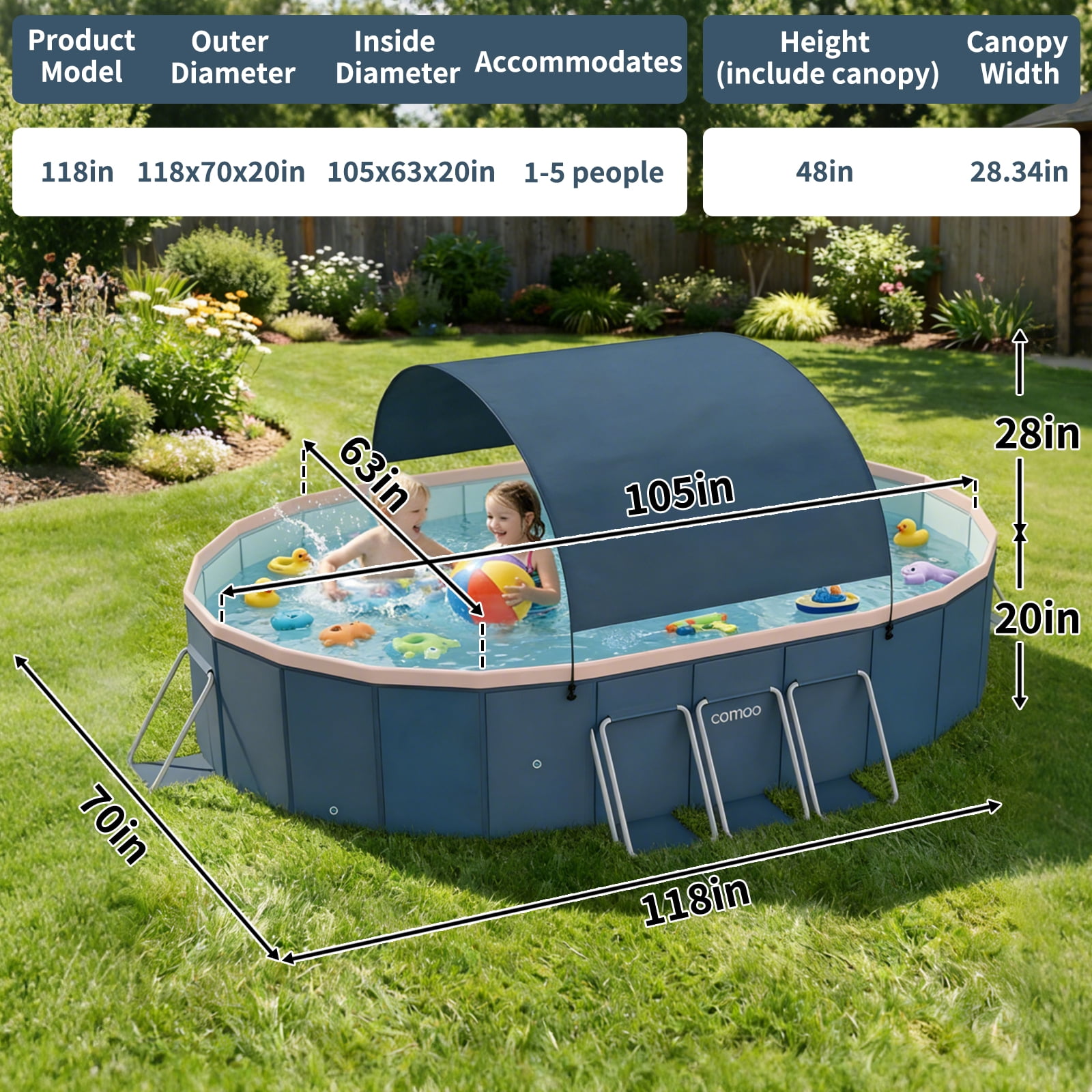 Liyufly Foldable Above Ground Swimming Pool, Metal Steel Frame Kiddie Pools with Canopy Sunshade for Backyard, Garden, Lawn for Adults, 105in