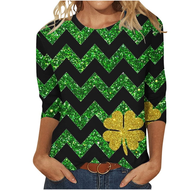Yuyuzo T-Shirts de la Saint-Patrick pour Femmes Manches 3/4 T-Shirt Graphique Décontracté Col Rond Pull Tops Blouse