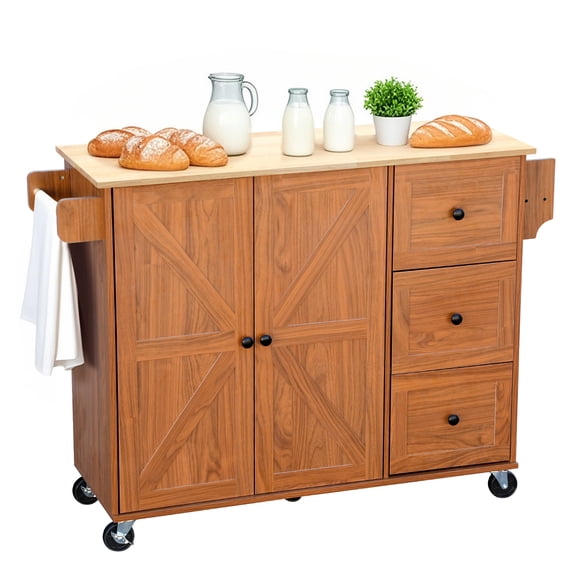 【HOSTK】 Brown Mobile Kitchen Island Cart with Lockable Wheels, 3 Drawers, 2 Adjustable Shelves & Spice Rack - Rolling Storage Cabinet Coffee Bar