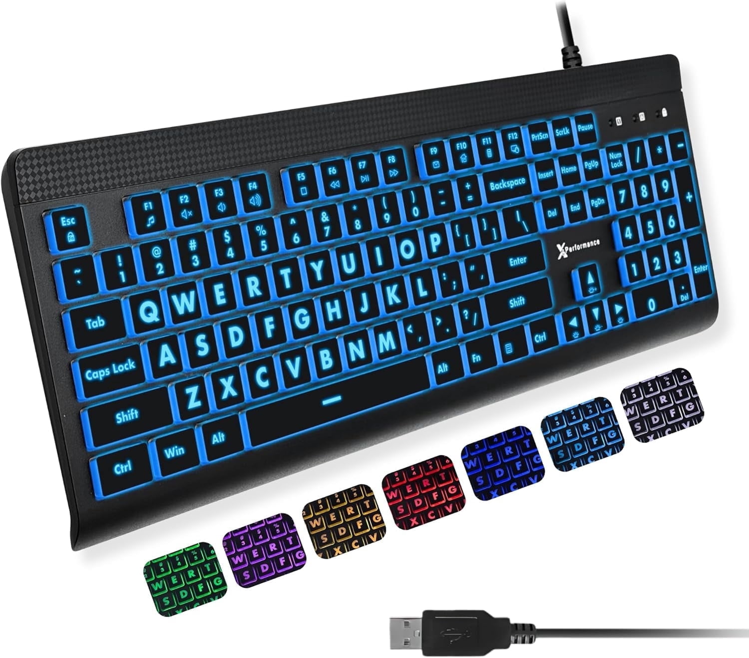 X9 Large Print Backlit Keyboard – USB Wired Lighted Keyboard for Laptops, 7-Color LED