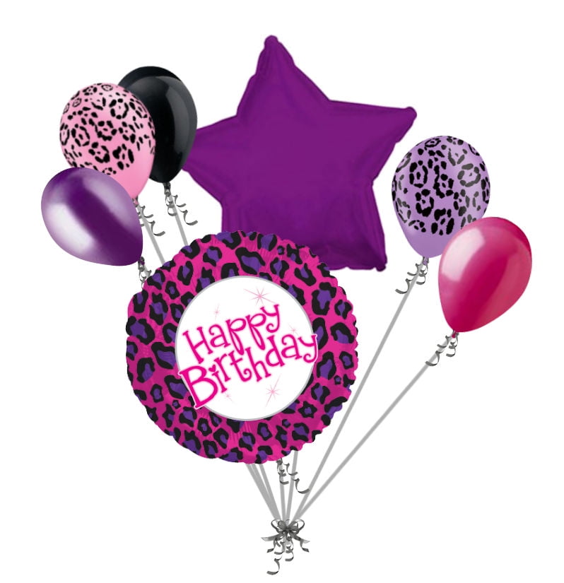 7 pc Happy Birthday Cheetah Safari theme Balloon Bouquet Jungle Leopard Purple