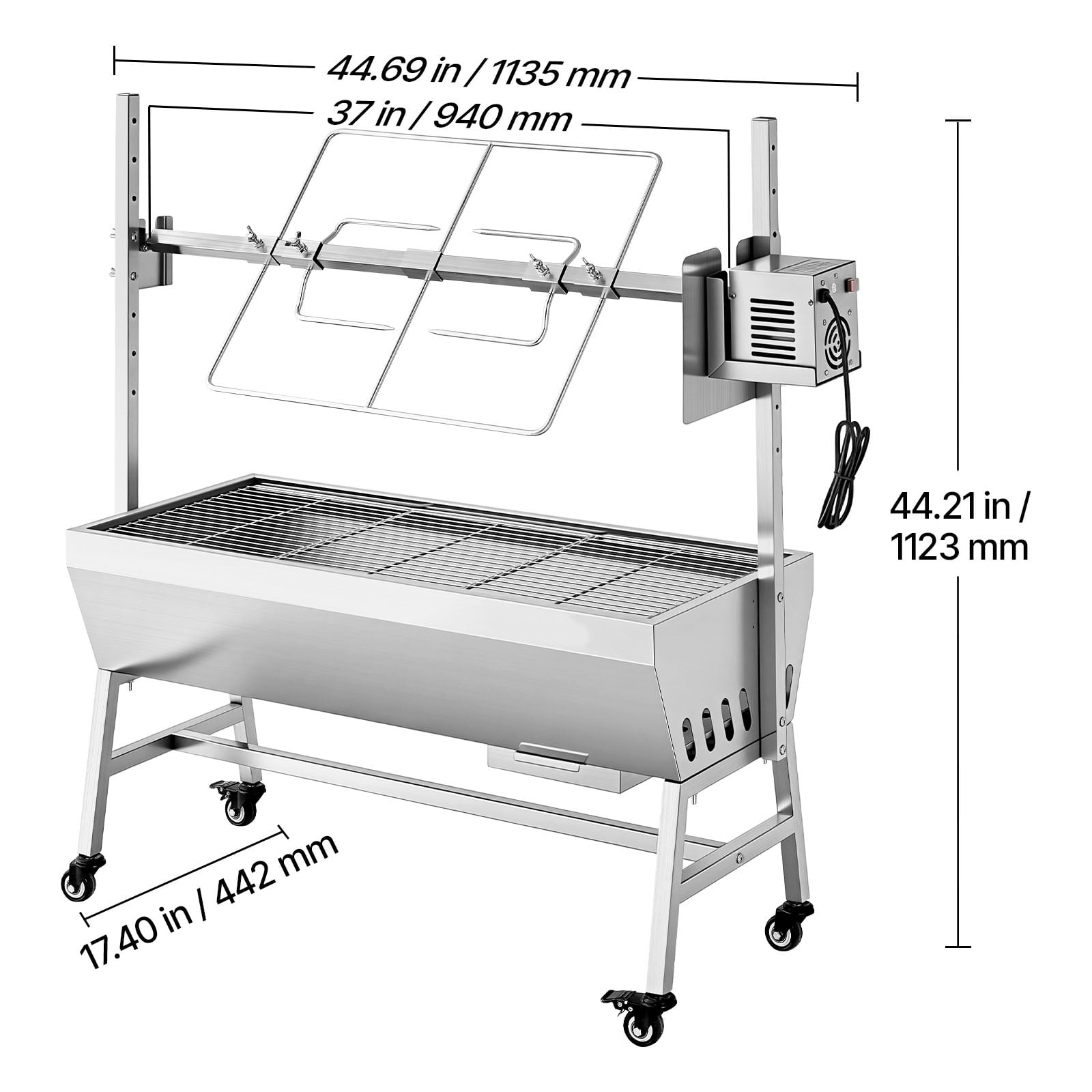 KFFKFF Rotisserie Grill with 38W Motor, Outdoor BBQ Spit Roaster for Pig & Lamb, Charcoal Grill with 132 lbs Capacity, Adjustable 7-Level Height, Stainless Steel Design with Wheels