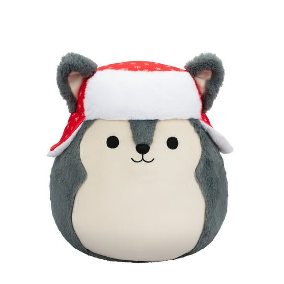 Squishmallows FuzzAMallow Official 12 inch Ryan the Grey Husky With Red Trapper Hat - Child's Ultra Soft Stuffed Plush Toy