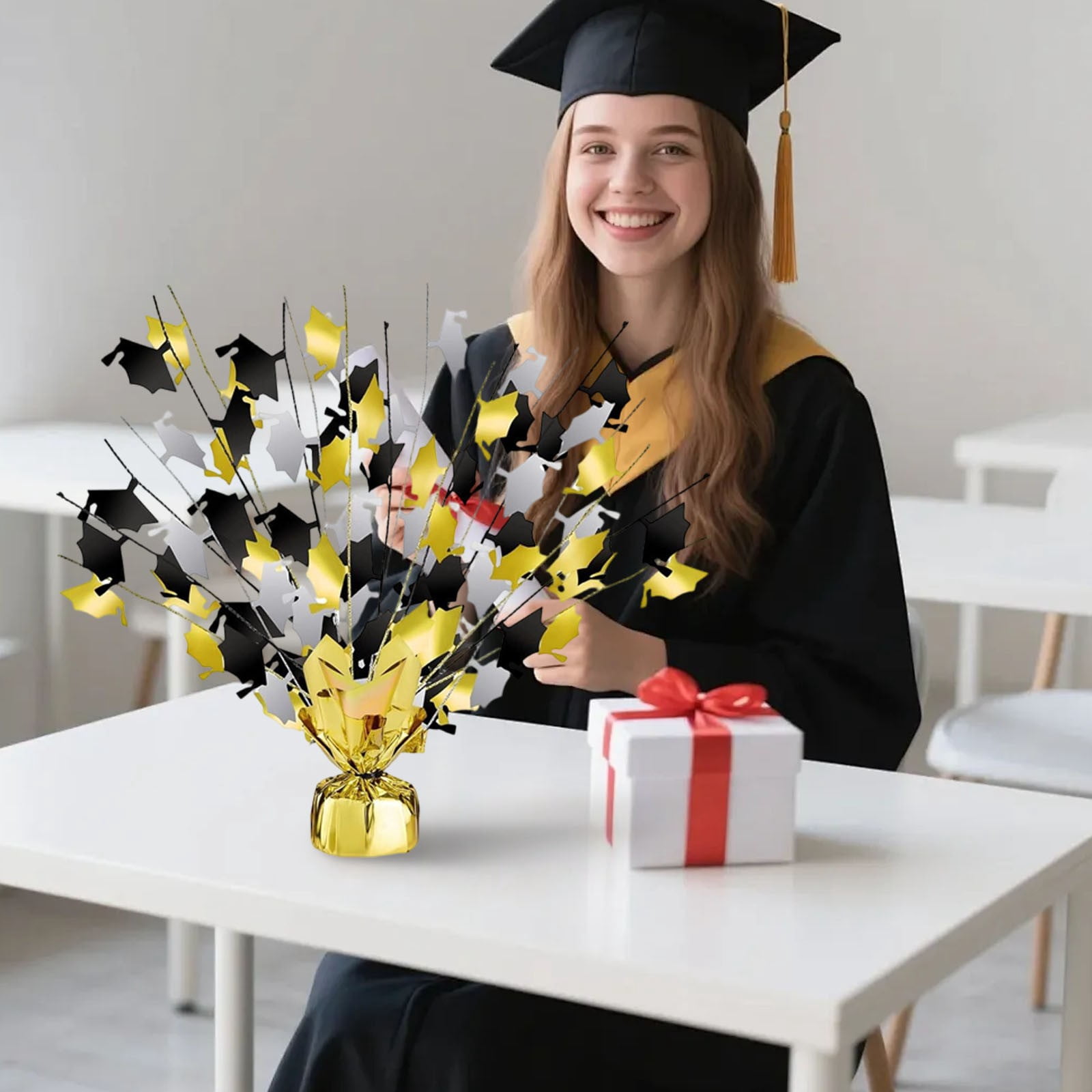 ERTZAE Graduation Party Table Centerpiece,Glitter Foil Grad Cap Decor,Shiny Metallic Grad Ornament,Gold & Black Metallic Grad Cap Table Decoration 18Inch,Glitter Foil Centerpiece for Graduation Party
