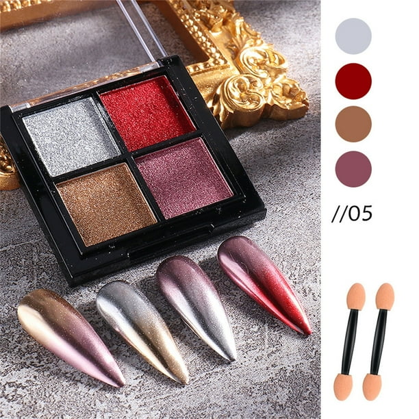 XWSHYW Polvo de Uñas Polvo de Espejo Sólido para Decoración de Uñas, 4 Colores, Brillo de Espejo para Uñas
