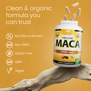 Organic Maca Root Black, Red, Yellow 1900 mg per serving - 150 Vegan Capsules Peruvian Maca Root Gelatinized