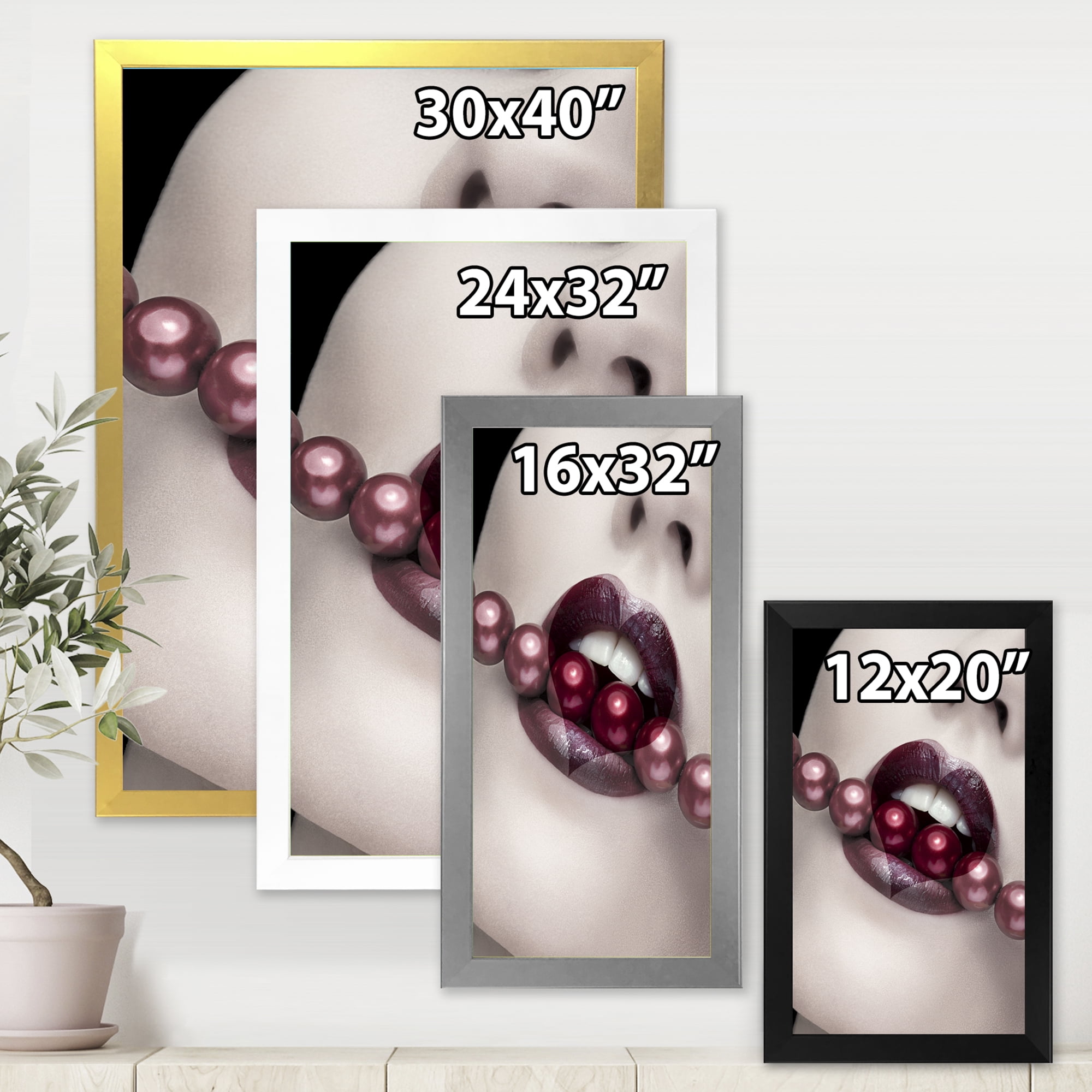 Designart 'Pearls Through Mouth With Heart Shape Lips' Modern Framed Art Print