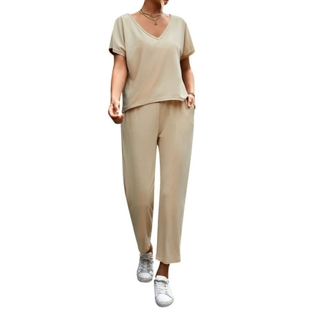 

HUBERY Women V Neck Short Sleeve Drawstring Pocket Solid Color Sleepwear Set