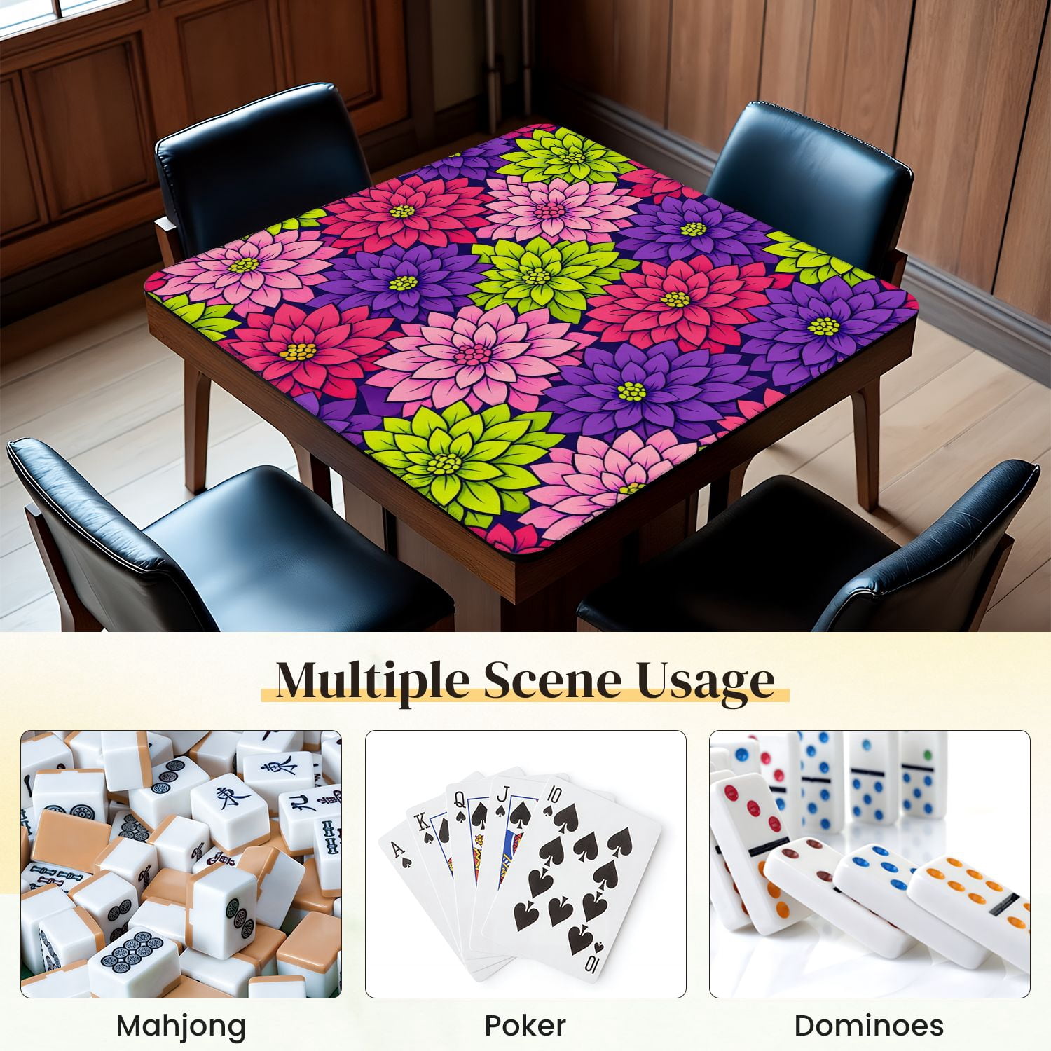 Mahjong Mat 31.5" x 31.5" Colorful Floral Bold Dahlia Flowers Pink Anti-Slip and Noise Reduction Symmetry Design Mahjong Tiles Table Cover for Dominoes Poker Card Board and Tile Games