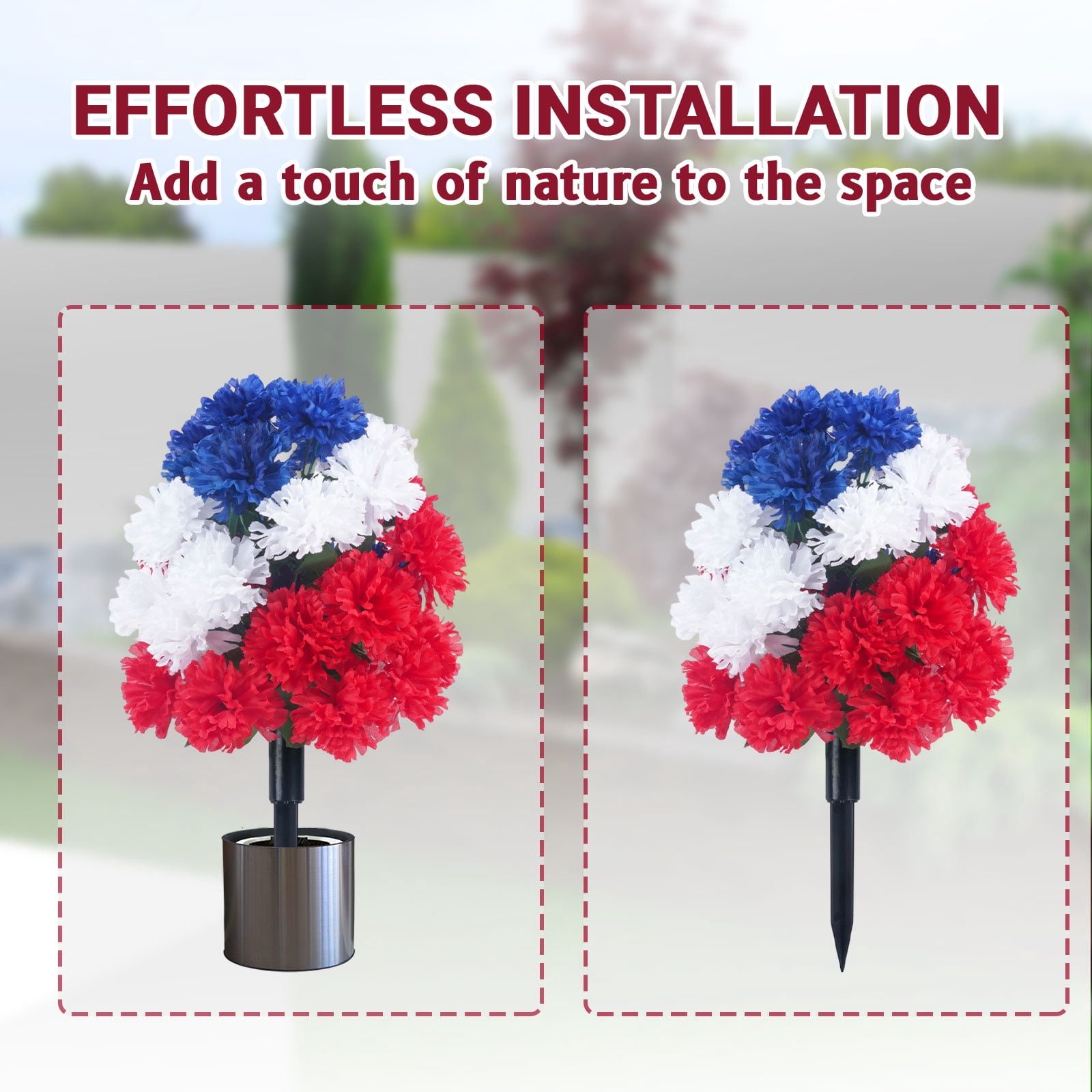 Patriotic Decorations, Outdoor Decorations, Red White and Blue Flowers, Garden Stake, 26 In, 2 Pc, 4Th of July Decoration, Lawn Decor, Artificial Carnations, Holiday Yard Display