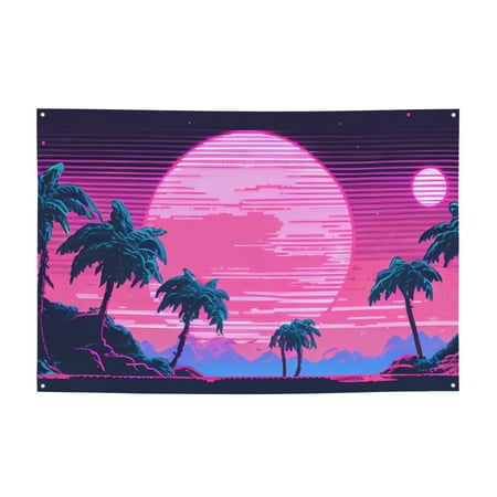 Retro Vaporwave Palm Trees Sign Banner, Tropical Exotic 1980s Style Hanging Banners Backdrop Festive Party Decor for Indoor Outdoor, 47 x 71 inches