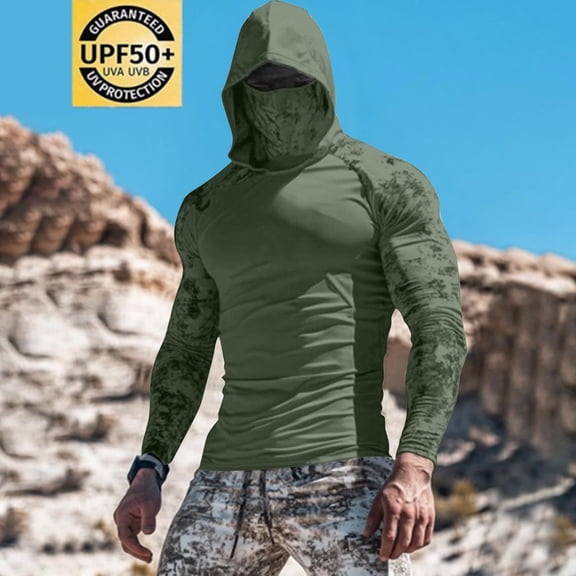 Jessboyy Mens Sun Shirts with Hood Summer Long Sleeve UV Protection Shirts with Mask Breathable Athletic Tops Cooling Workout Running Hoodies Army Green,XL