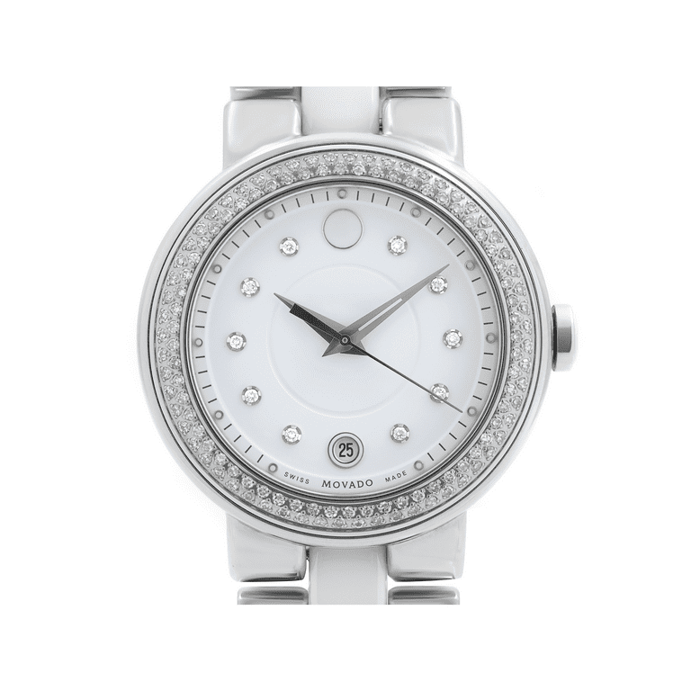 Movado Cerena White Ceramic Steel Diamond Bezel Quartz Ladies