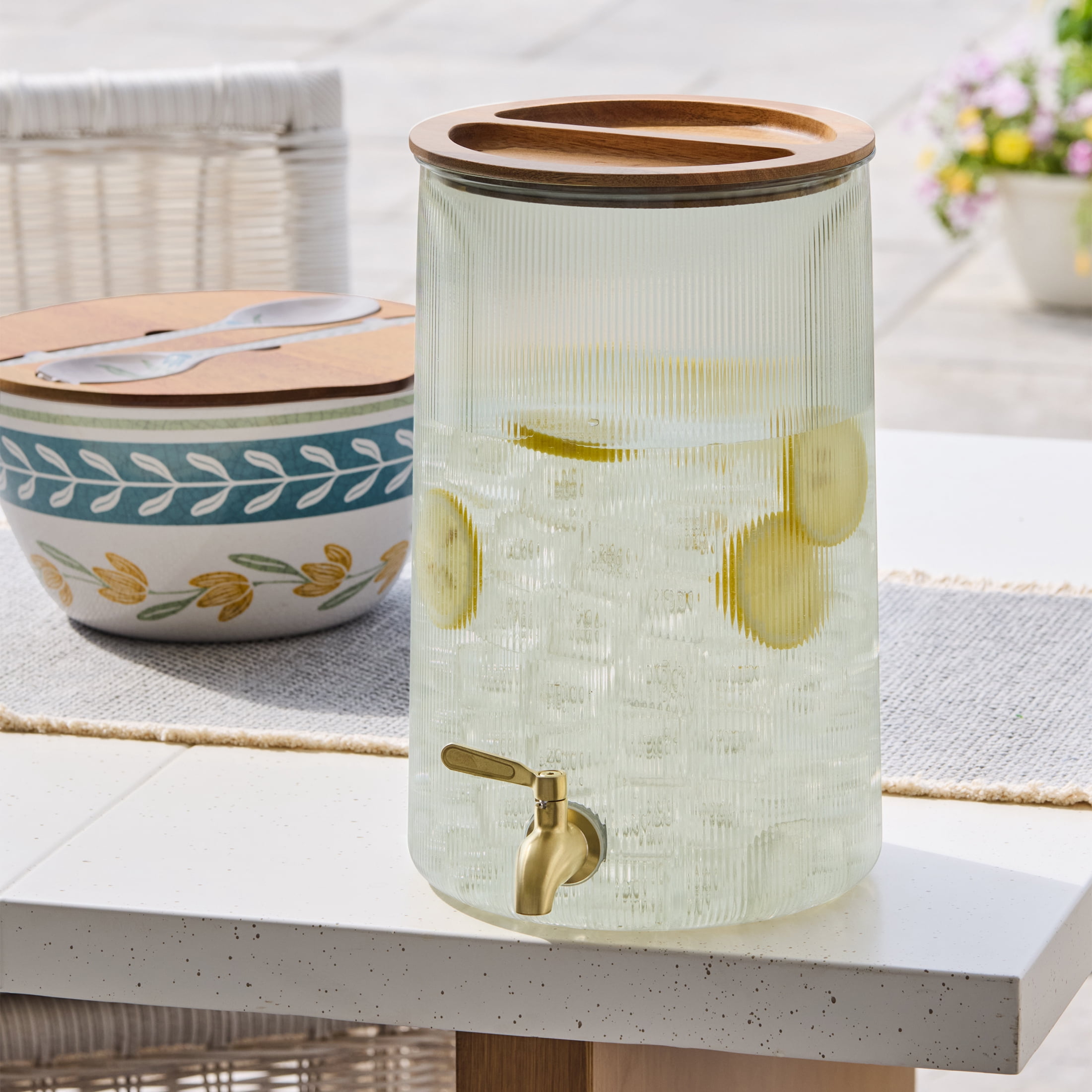 Better Homes and Gardens 2-Gallon Green Countertop Beverage Dispenser with Acacia Wood Lid