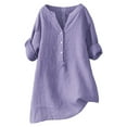thumbnail image 2 of Women's Plus Size Cotton Linen Tunic, V Neck Half Button Down Casual Blouse, 3/4 Sleeve Relaxed Fit Top for Daily Wear, Work, Dating and Versatile Outfits Purple S, 2 of 5