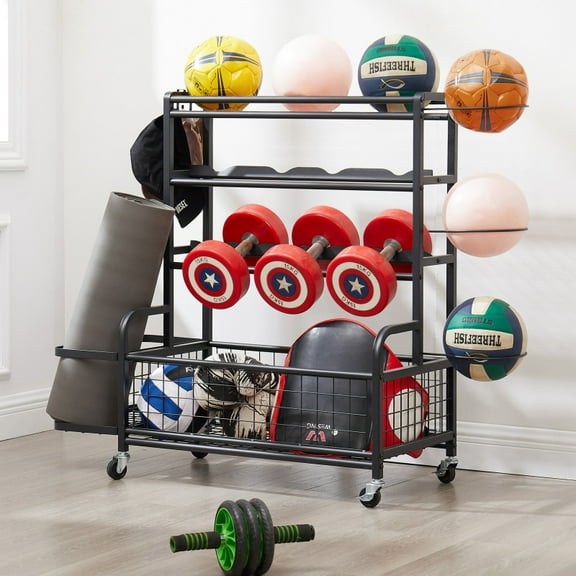 4-Tier Metal Storage Organizer with Rolling Wheels for Basketball Sports Equipment Organizer for Yoga Mat Larger Ball Storage Rack with Baskets and Hooks