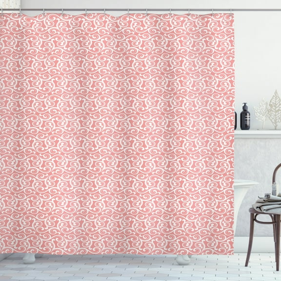 Vintage Shower Curtain, Ornamental Design of Swirled Floral Pattern with Dotted Lines on Coral Backdrop, Fabric Bathroom Set with Hooks, 69W X 84L Inches Extra Long, Coral White, by Ambesonne