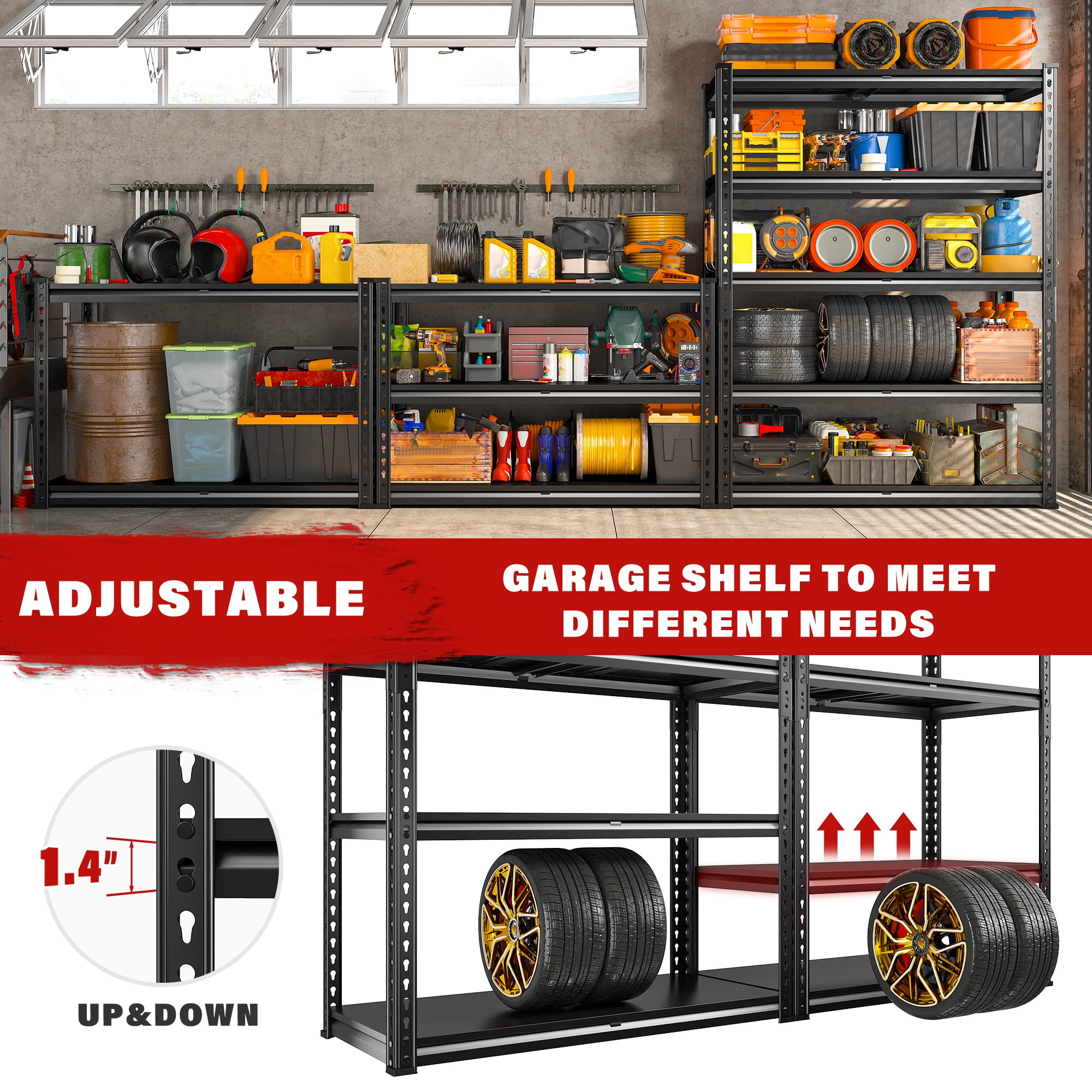 REIBII 3000 LBS Heavy Duty Storage Shelf for Garage Storage 72" Adjustable Metal Shelving Rack