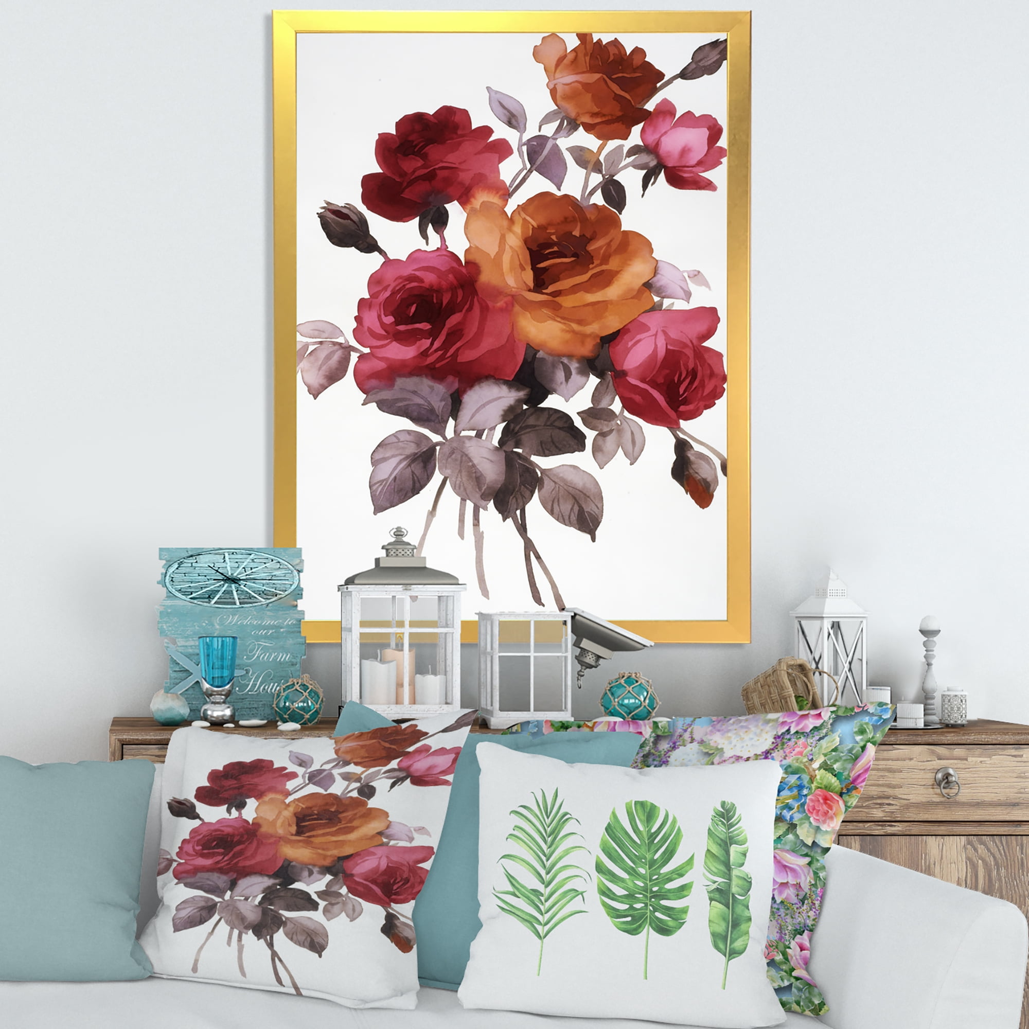 Designart 'Vintage Red and Orange Roses' Traditional Framed Art Print